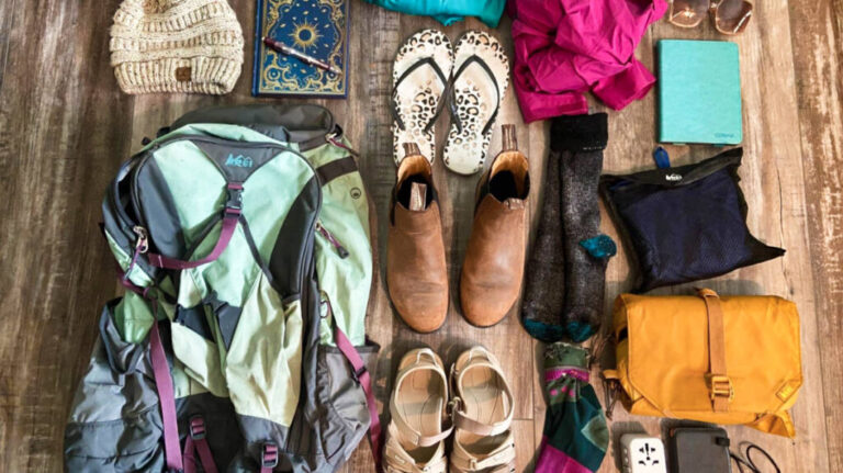 View of the backpack, shoes, clothes, and other things to pack