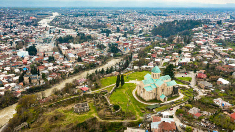 Aerial view of the Bagrati Cathedral overlooking the town of Kutaisi