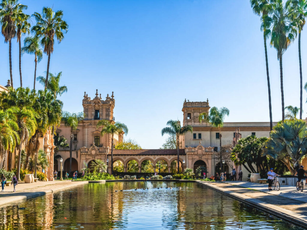 View of the pool in the middle of the garden at Balboa Park
