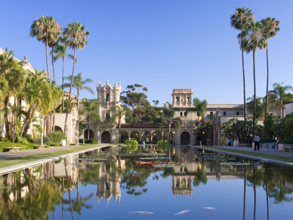 Clear blue sky over the Balboa Park Lily Basin in San Diego, California