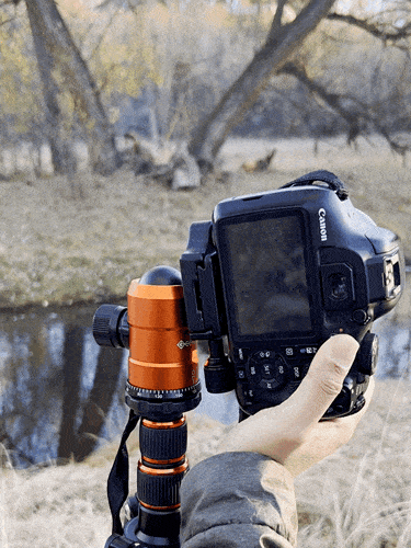 A mounted DSLR on a ball head transition from landscape to portrait using the GEEKOTO 77’’ Tripod