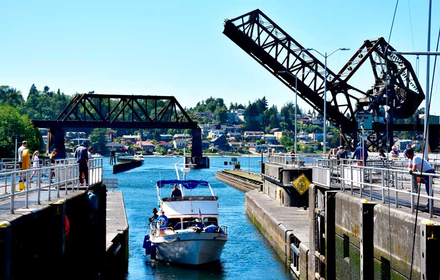 View of a lifting bridge in Ballard Locks