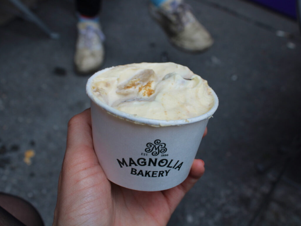 A hand holding a cup of banana pudding from Magnolia Bakery