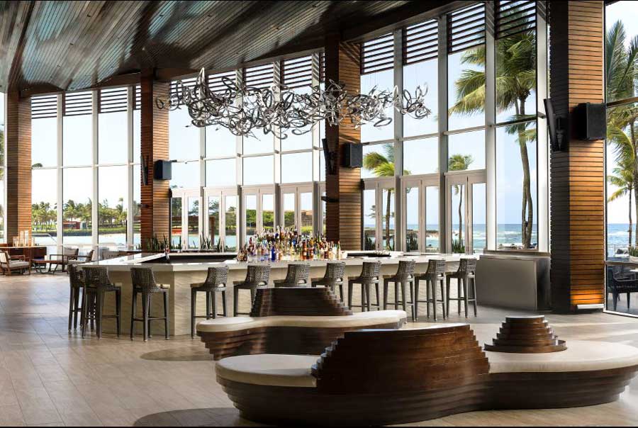 A bar counter inside the Caribe Hilton