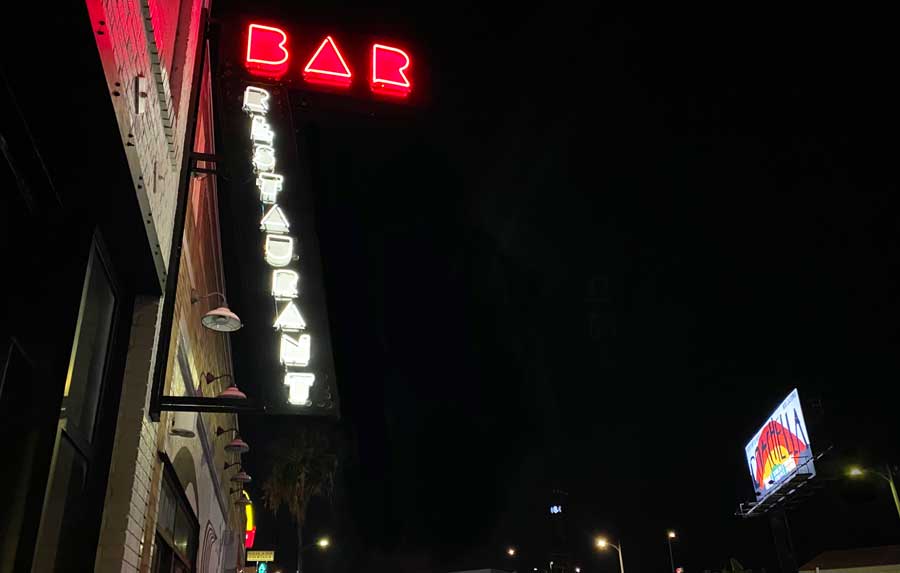 The illuminated neon sign of Bar Restaurant in Silver Lake