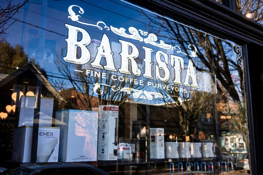 Barista Coffee Shop's logo on their glass window