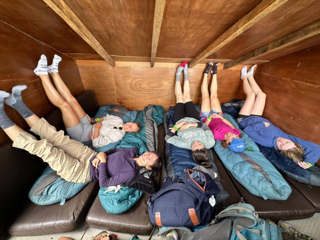 The author, Lea Rose Allbaugh with her friends resting at their wood cabins on the Acatenago base camp