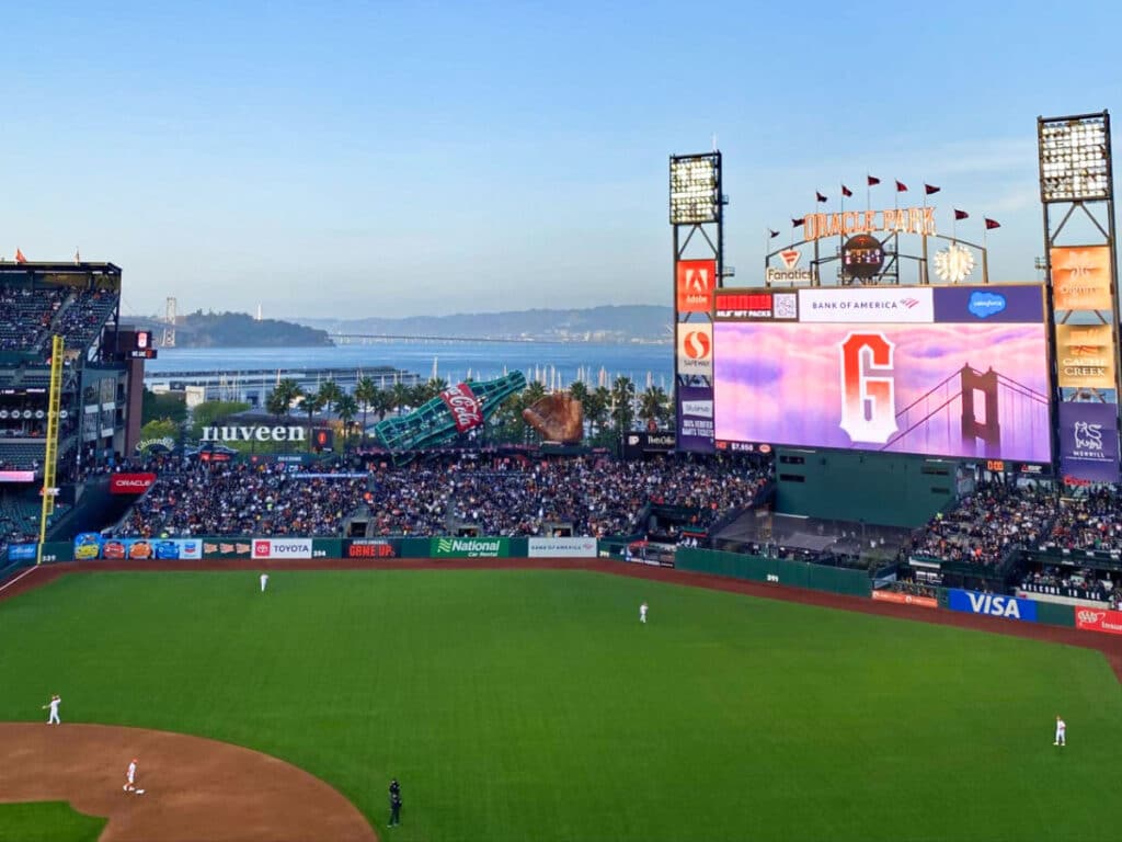 View of the crowd watching the San Francisco Giants baseball game in Mission Bay