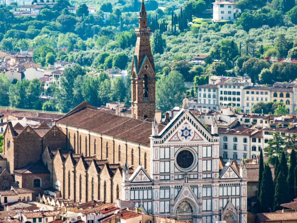 Aerial view of the great Basilica Santa Croce in Piazza di Santa Croce in Florence