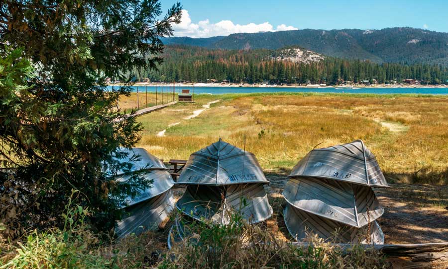Stacked of boats in Bass Lake