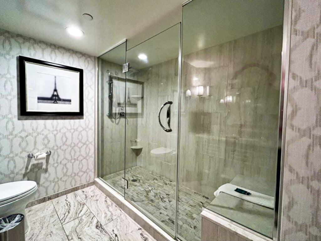 View of the wide bathroom inside the hotel room in Paris Las Vegas Hotel & Casino