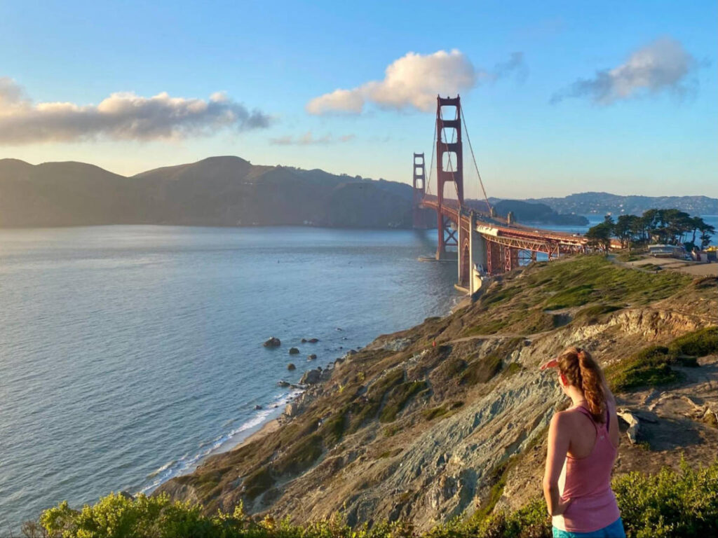 Admiring the view of Golden Gate Bridge from Batteries to Bluffs Trail
