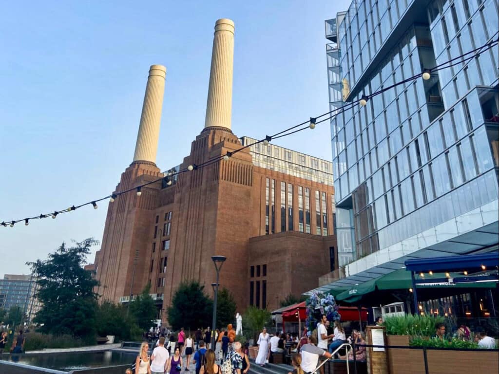 View of the crowd and exterior Battersea Power Station