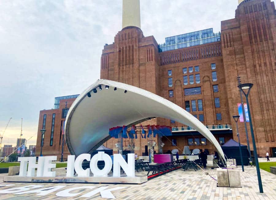 View of a stage set up outside the Battersea Power Station