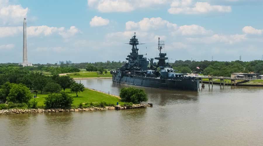 View of the battleship VV-25 “Texas” under the clear blue sky