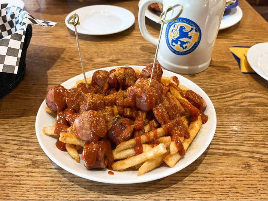 A plate of currywurst at the Bavarian Bierhaus