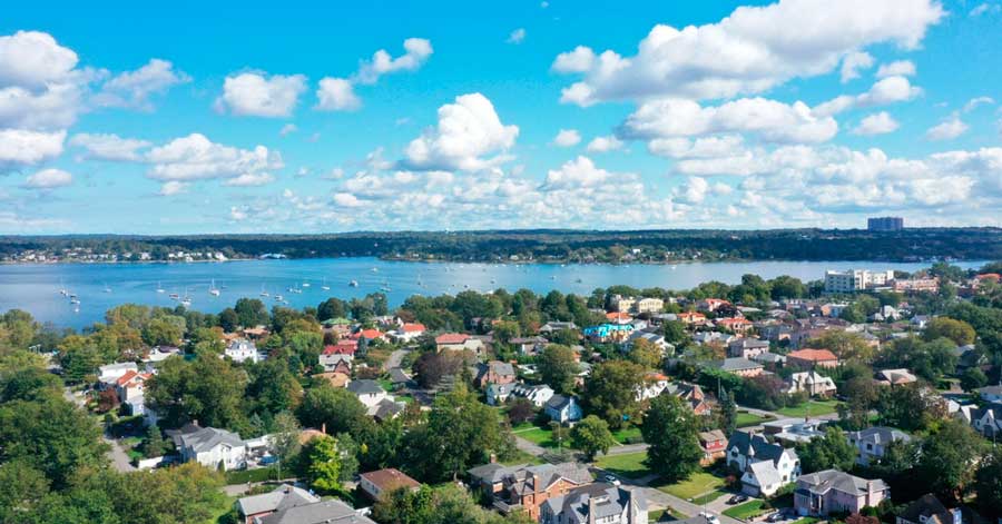 Aerial view of Bayside, Queens under the clear blue sky