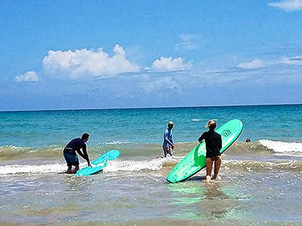 A group of surfers along the shoreline