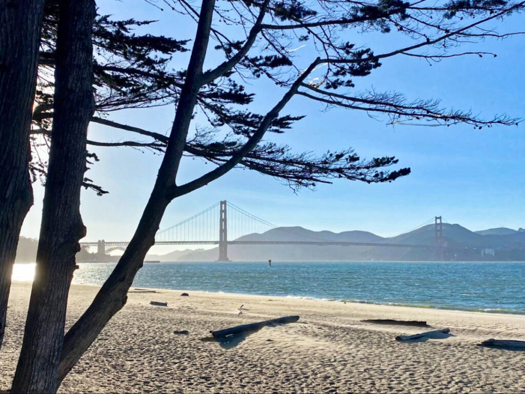 View of the Golden Gate Bridge from the beach at Crissy Field