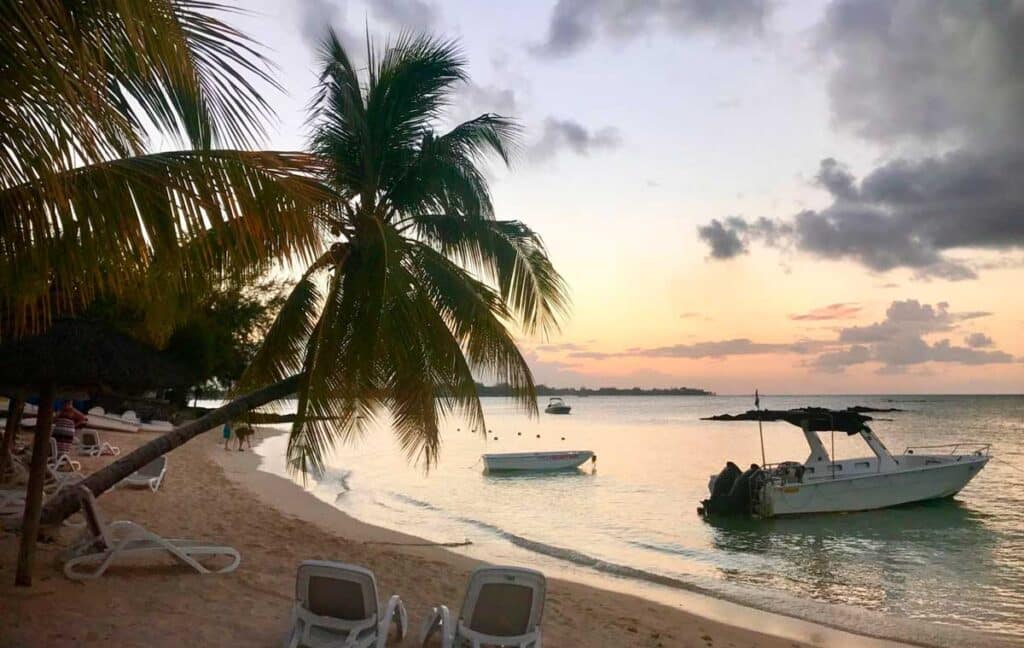 Relaxing view from the beach in Grand Baie, Mauritius during sunset