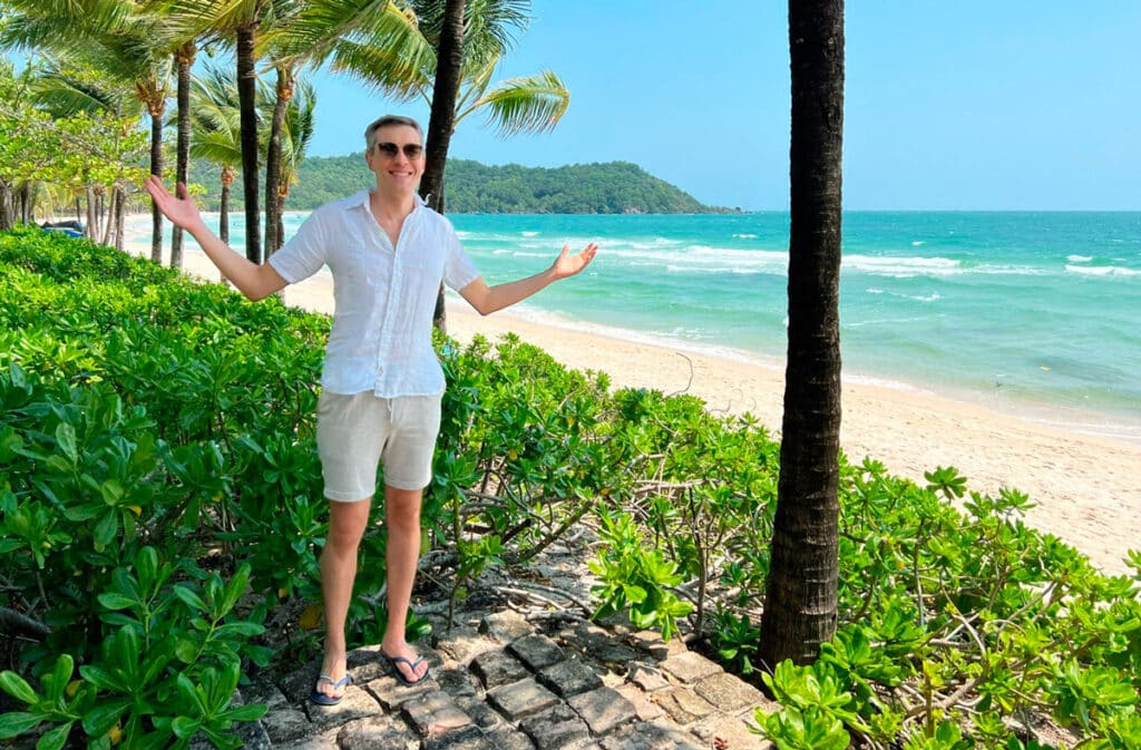 Nate with a beach view in JW Marriott Phu Quoc Emerald Bay Resort & Spa