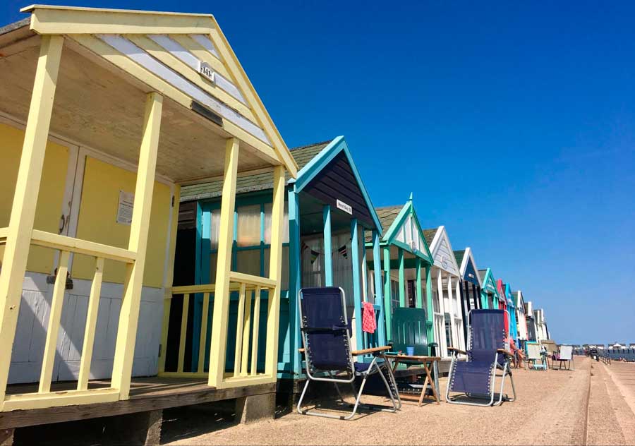 Colorful bathing boxes in a beach in Southwold