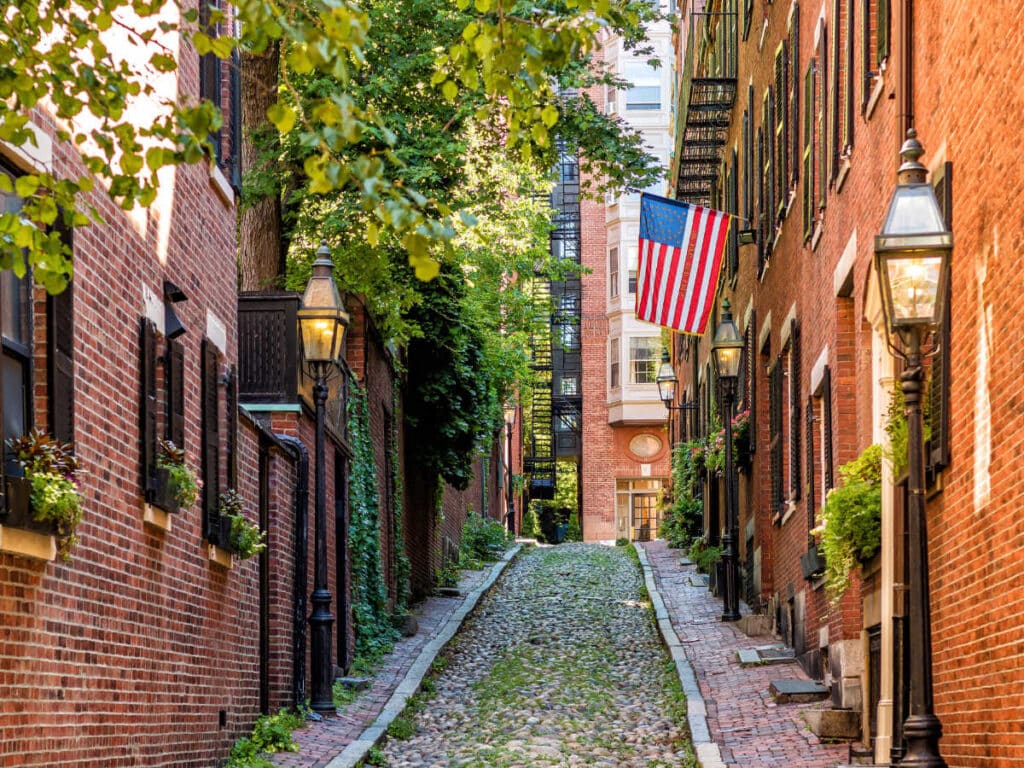 View of the famous Acorn Street in Beacon Hill