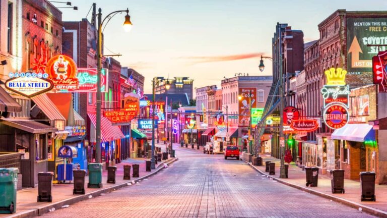 View of the illuminated neon lights around the Beale Street in Memphis