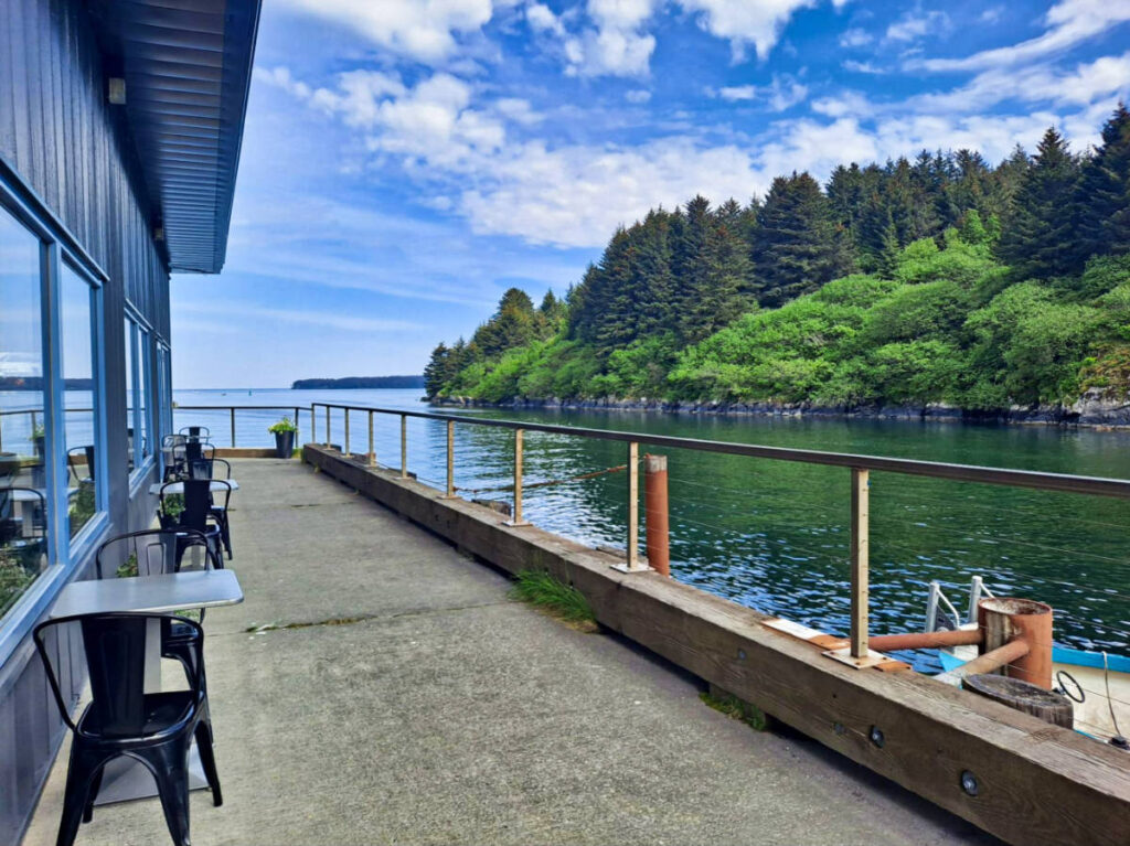 Scenic waterfront view from Bean and Bloom Coffeehouse deck