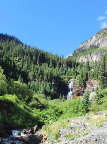 Clear blue sky over the Bear Creek Falls