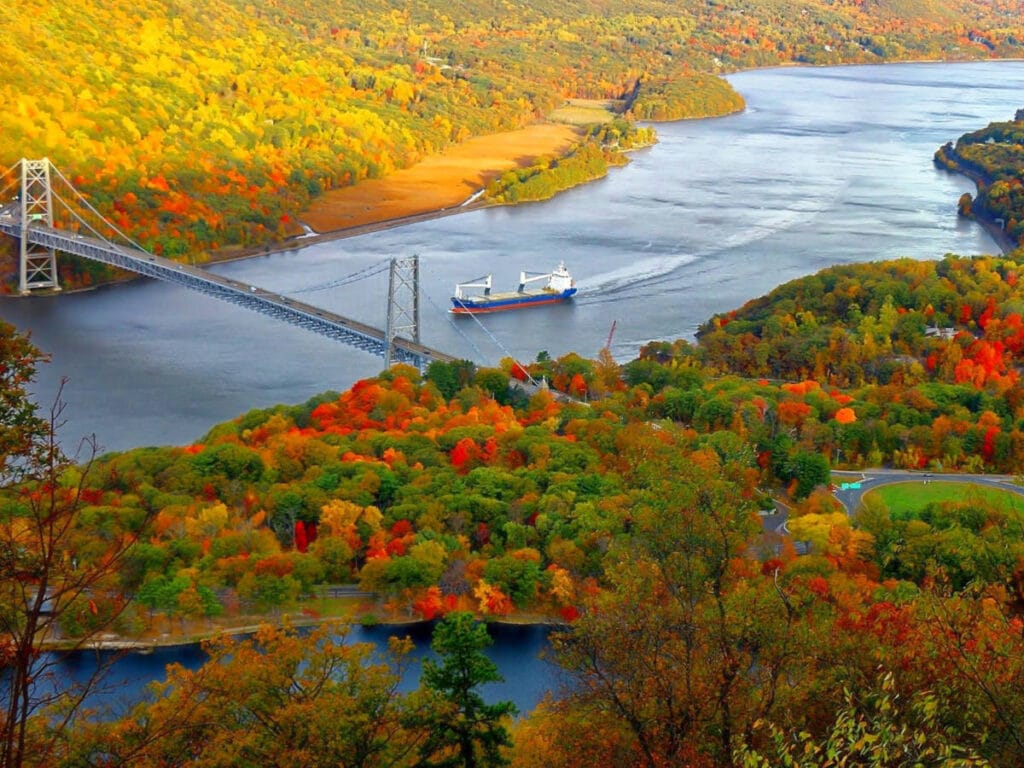 Aerial view of Bear Mountain State Park during fall season