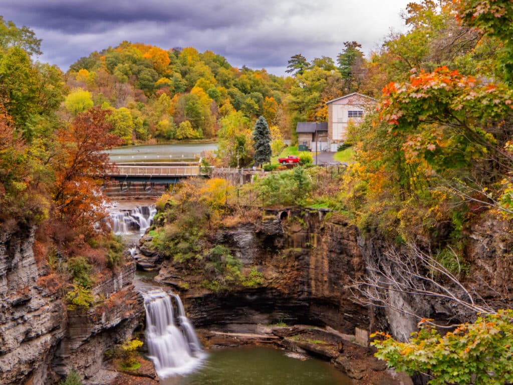 Scenic view at the Beebe Lake Dam waterfalls