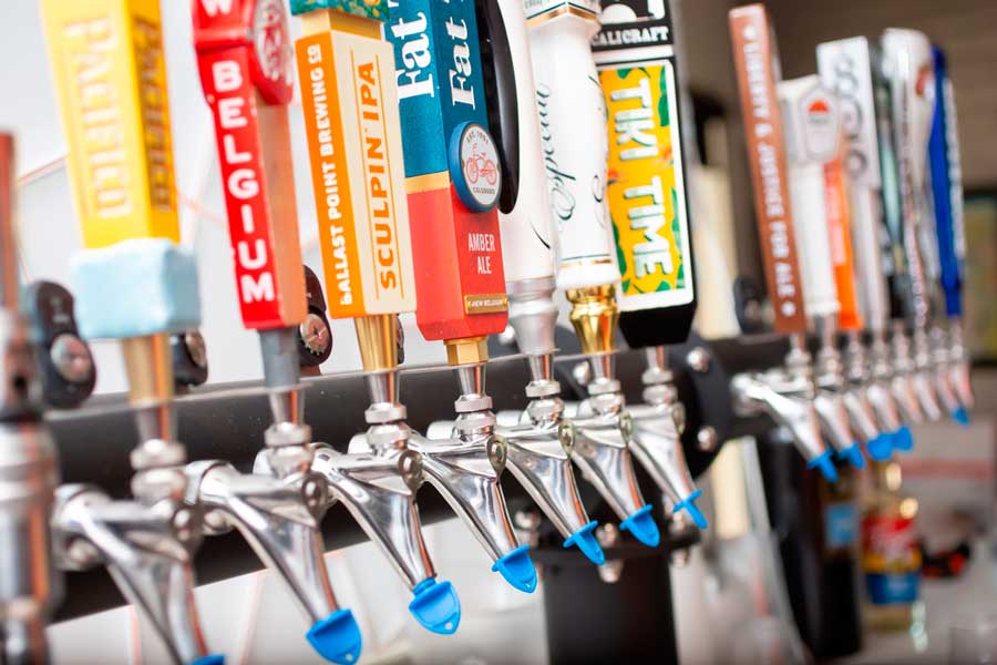 View of beer taps in New Belgium Brewing