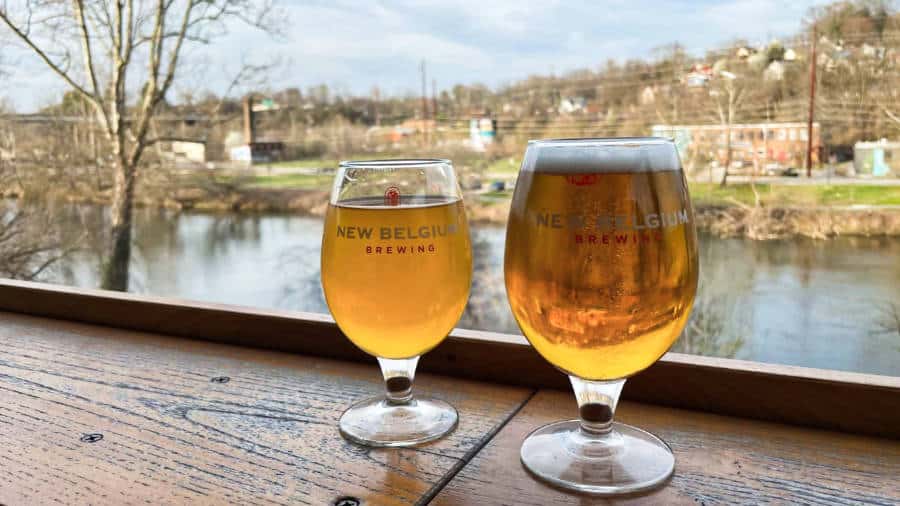 Teo glasses of beer placed by the window with a scenic view of French Broad River