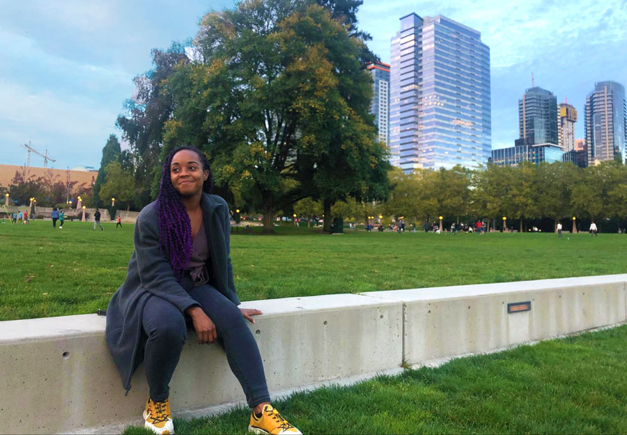 The author sitting in Bellevue Downtown Park