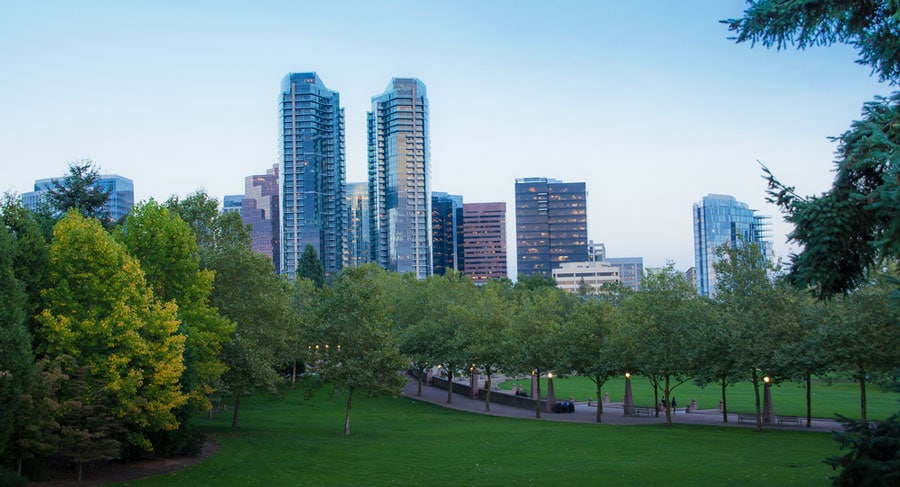 View of the Bellevue Downtown Park before night time
