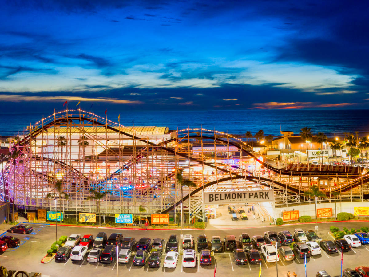 Aerial view of the Belmont Park roller coaster in Pacific Beach