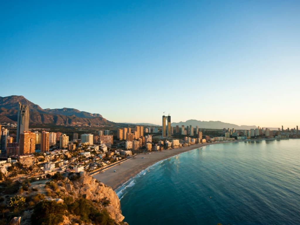 Overlooking view of Benidorm on Costa Blanca at sunset