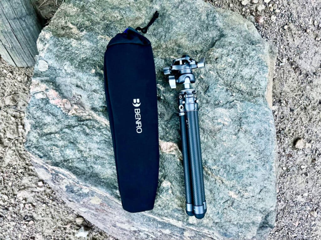 View of the folded length of Benro Tablepod Flex Tripod with a drawstring bag