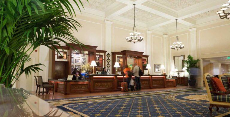 View from the inside of a hotel lobby