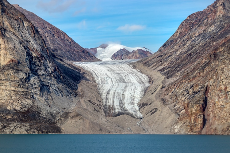 A glacier amongst the mountains on Baffin Island, Nunavut
