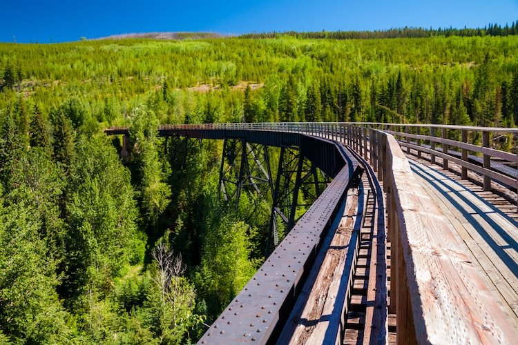 An aboveground railway track runs in the Okanagan Valley of British Columbia