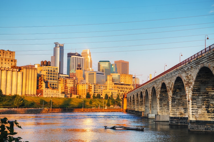 The skyline, river, and downtown bridge of Saskatoon, Saskatchewan