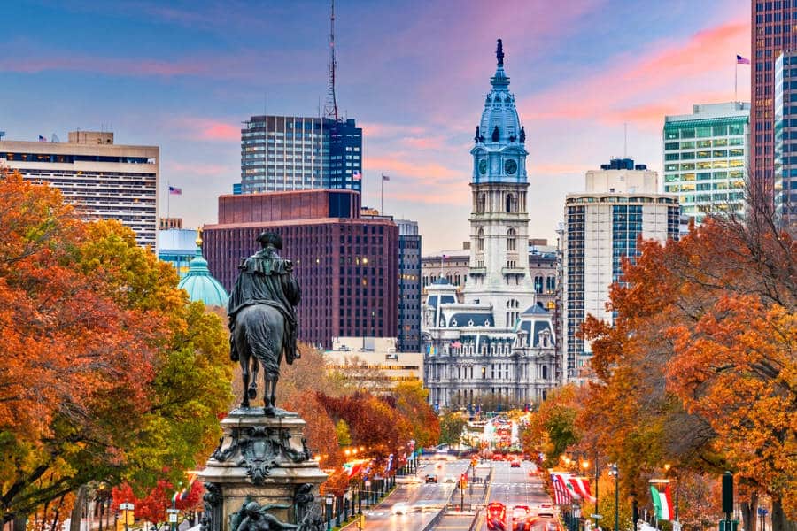 Downtown Philadelphia overlooking the Benjamin Franklin Parkway in the autumn season