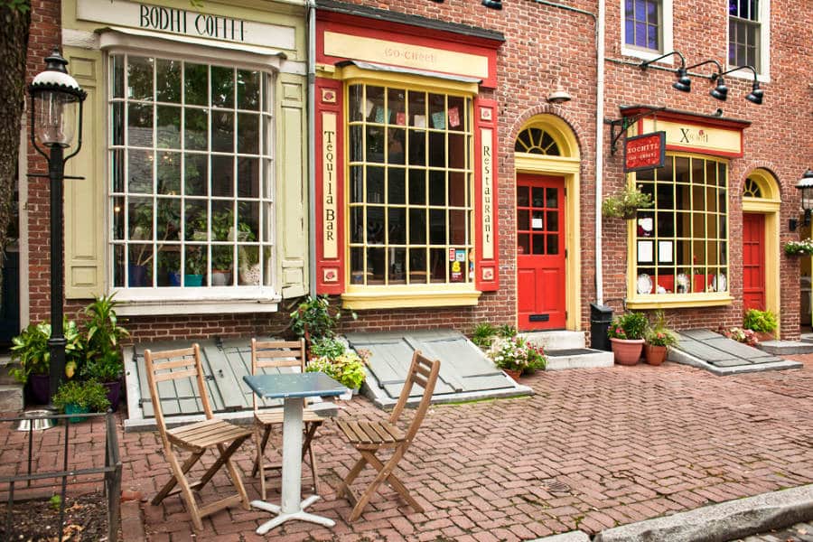 Colorful façade of the cafes and restaurants at Head House Square