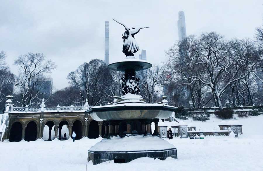 The Bethesda Fountain and Terrace covered with snow in NYC