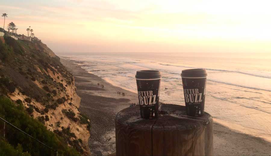 Two cups of vanilla latte from Better Buzz and the colorful sunset