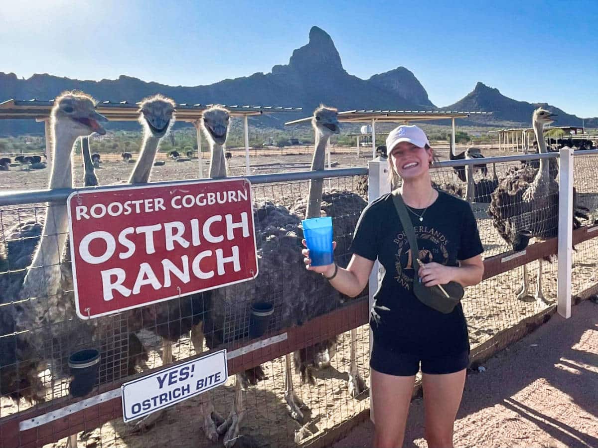 The author Betty Hurd, posing for a photo with the ostrich at Rooster Cogburn Ostrich Ranch