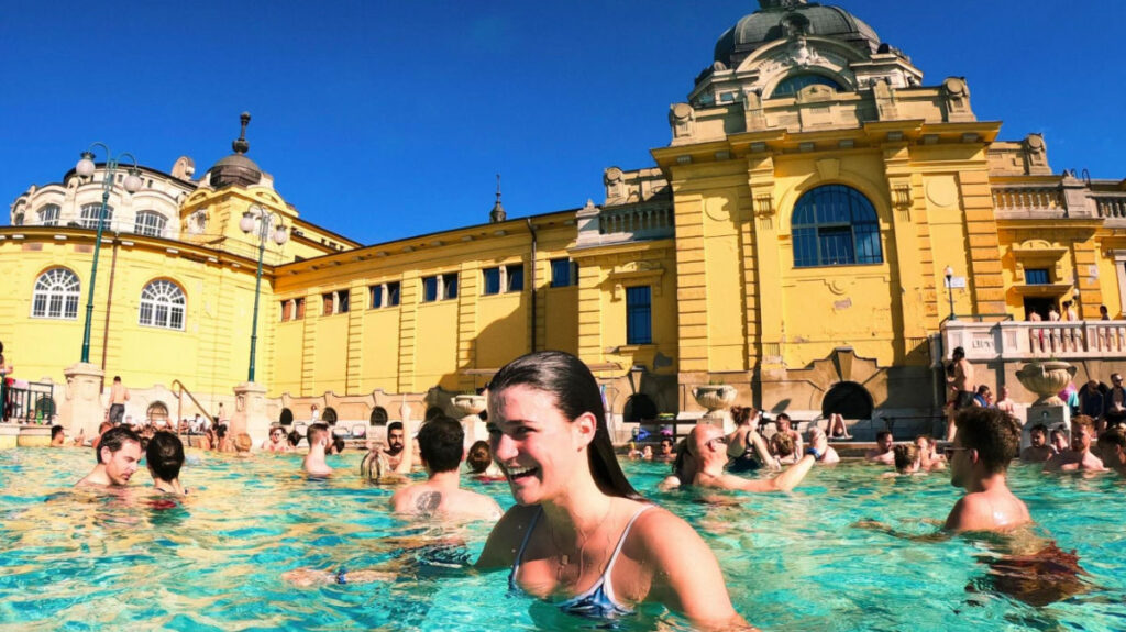 Travel Lemming writer Betty swimming in Budapest thermal baths
