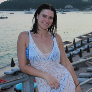 The author Betty Hurd, wearing a swimsuit coverup in Greece